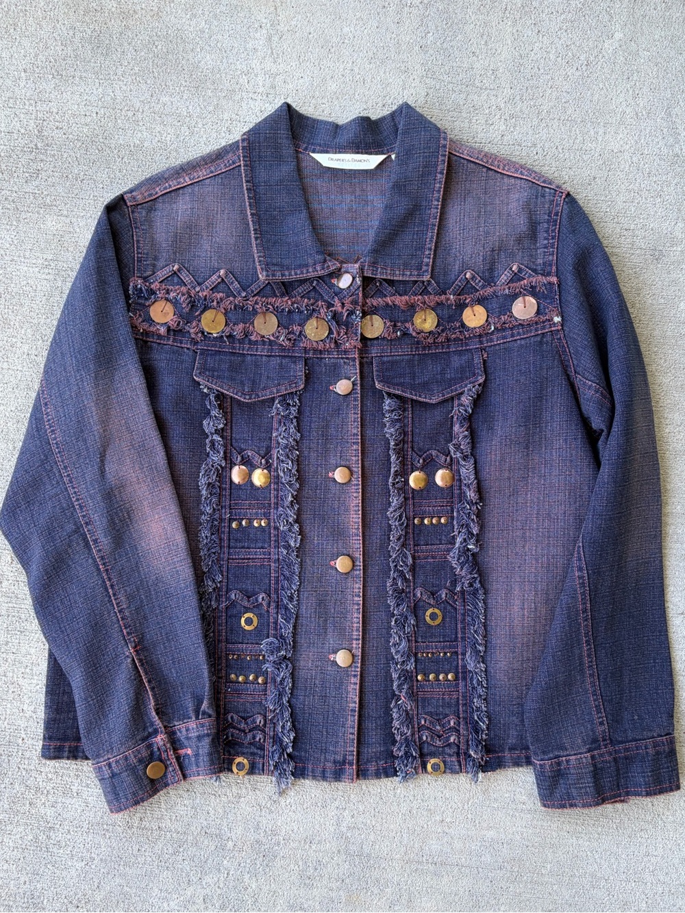 Vintage 90s bohemian embellished frayed denim jean jacket coat metallic coin